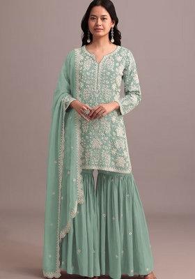 Seagreen Embroidered Georgette Dress Material
