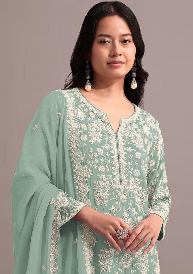 Seagreen Embroidered Georgette Dress Material