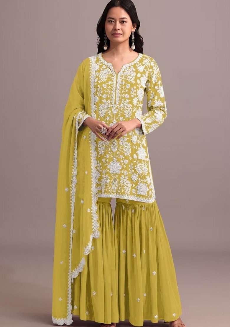 Yellow Embroidered Georgette Dress Material - Indya