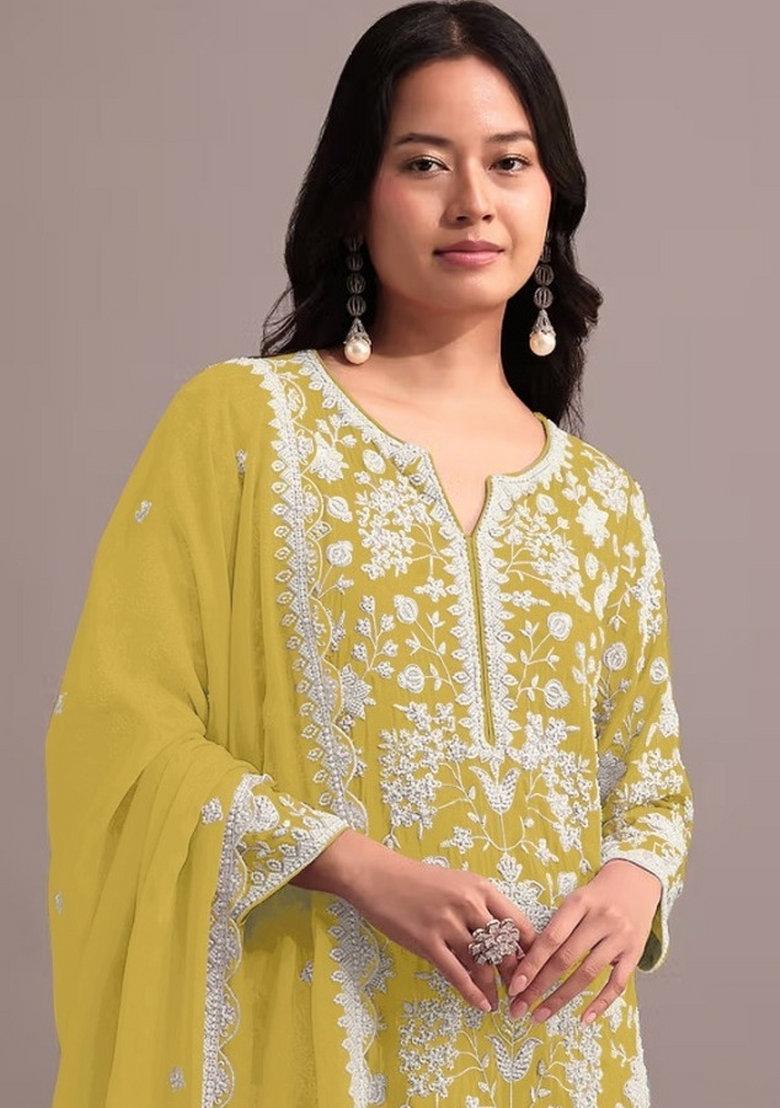 Yellow Embroidered Georgette Dress Material