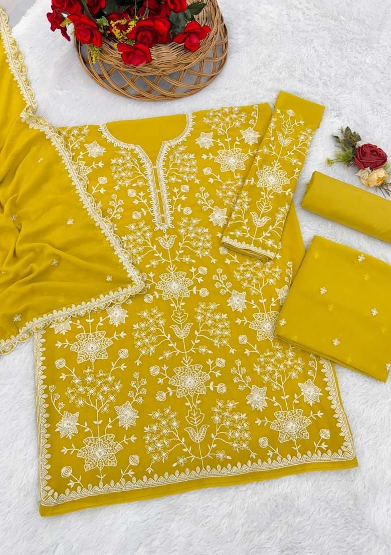 Yellow Embroidered Georgette Dress Material - Indya
