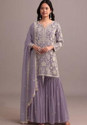 Lavender Embroidered Georgette Dress Material