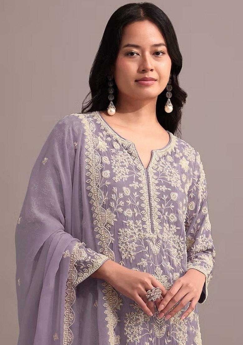 Lavender Embroidered Georgette Dress Material