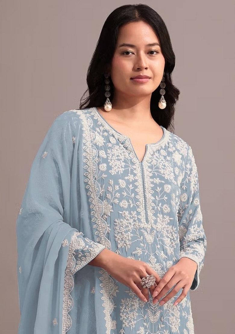 Skyblue Embroidered Georgette Dress Material