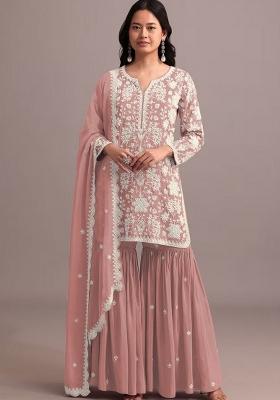 Peach Embroidered Georgette Dress Material