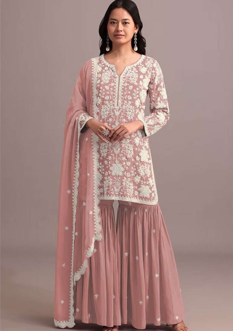 Peach Embroidered Georgette Dress Material - Indya