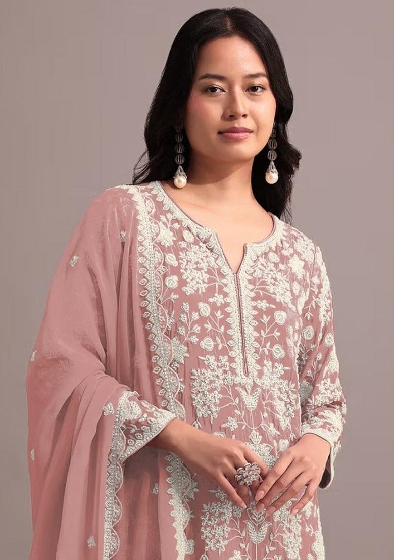 Peach Embroidered Georgette Dress Material