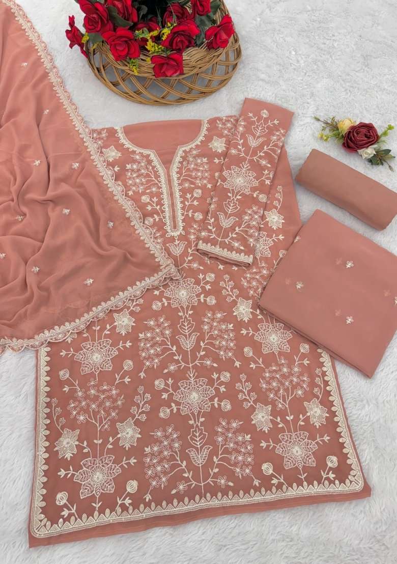 Peach Embroidered Georgette Dress Material - Indya