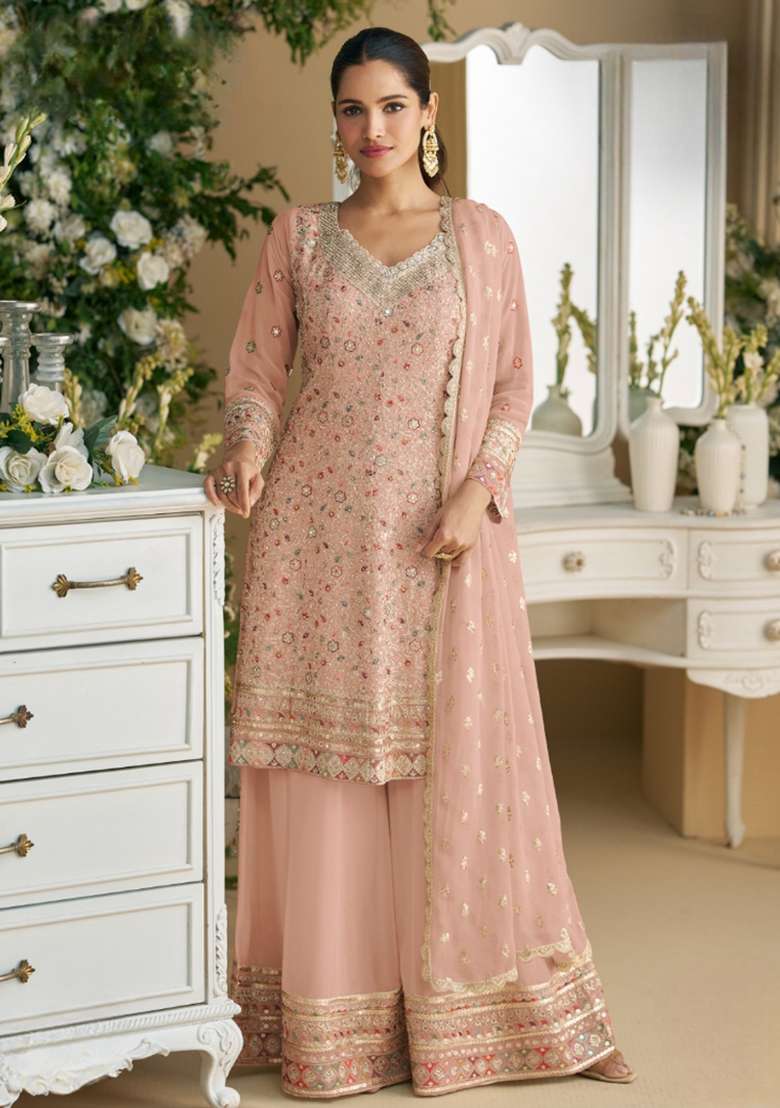 Peach Embroidered Georgette Dress Material - Indya