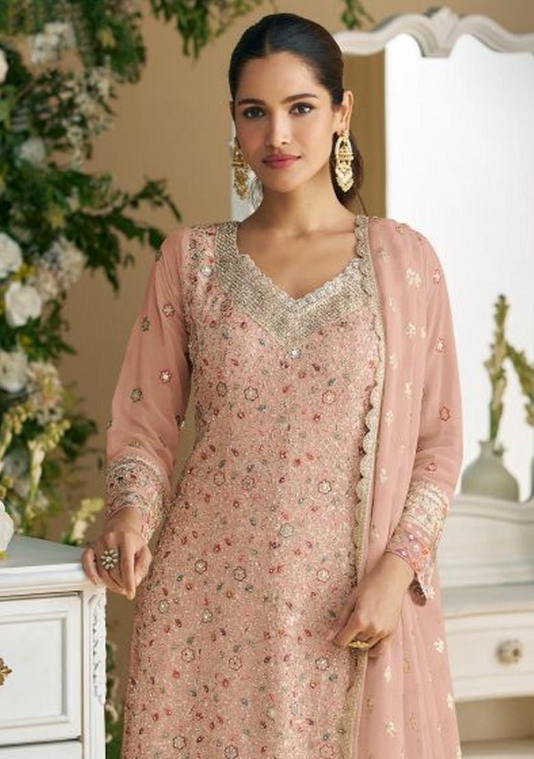 Peach Embroidered Georgette Dress Material