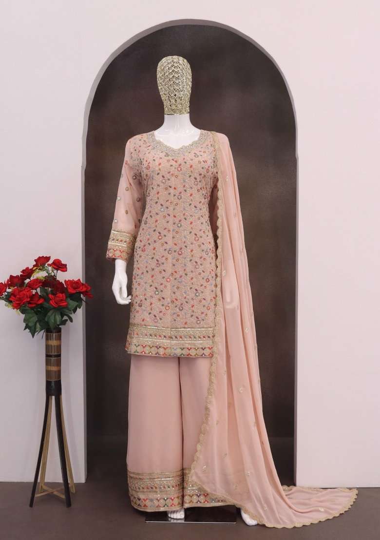 Peach Embroidered Georgette Dress Material - Indya