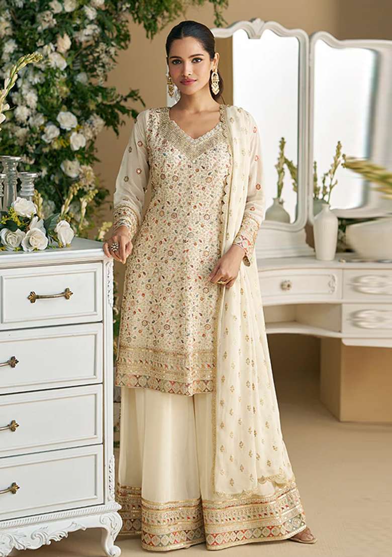 White Embroidered Georgette Dress Material - Indya