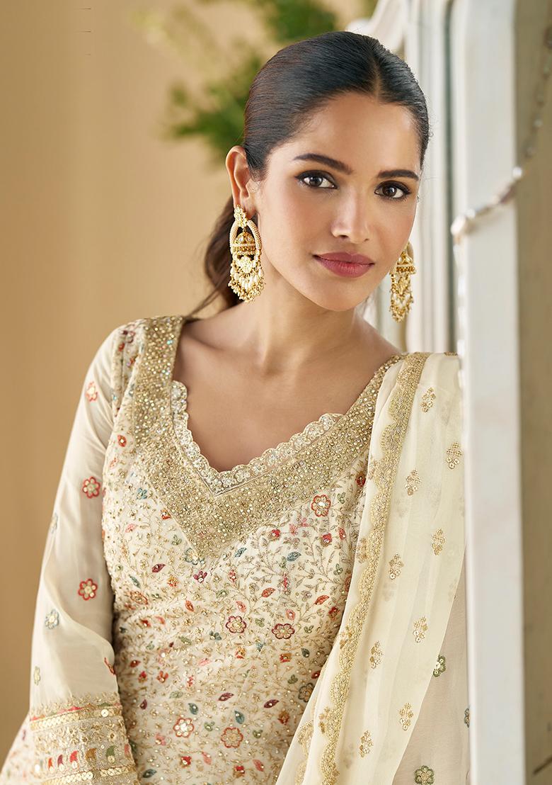 White Embroidered Georgette Dress Material