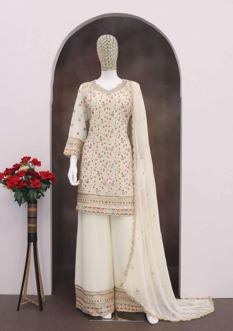 White Embroidered Georgette Dress Material - Indya