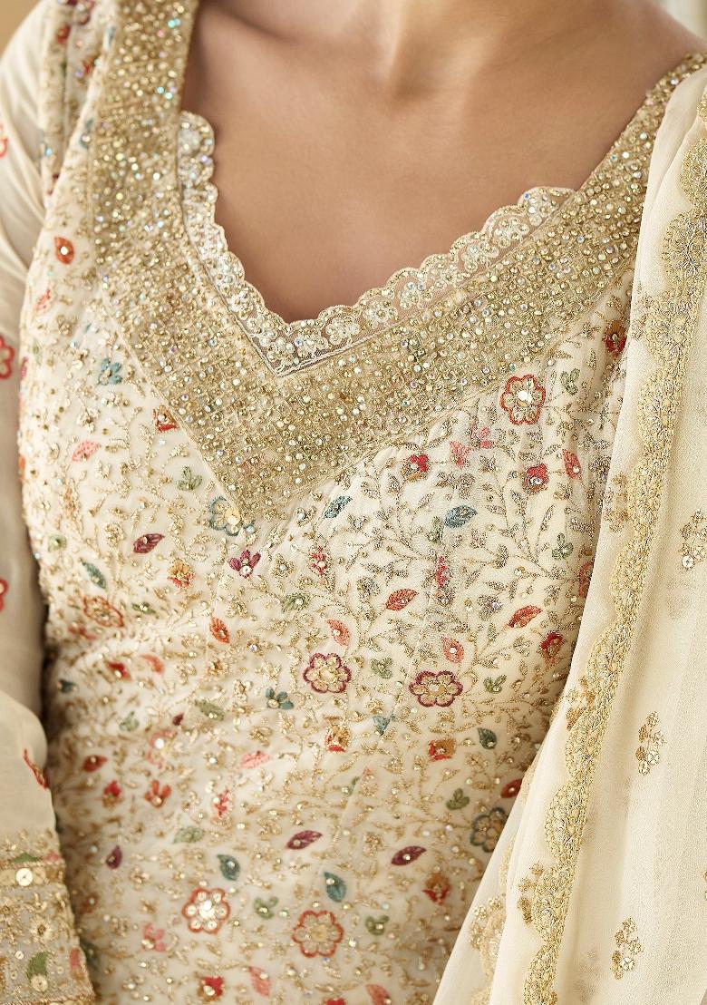 White Embroidered Georgette Dress Material