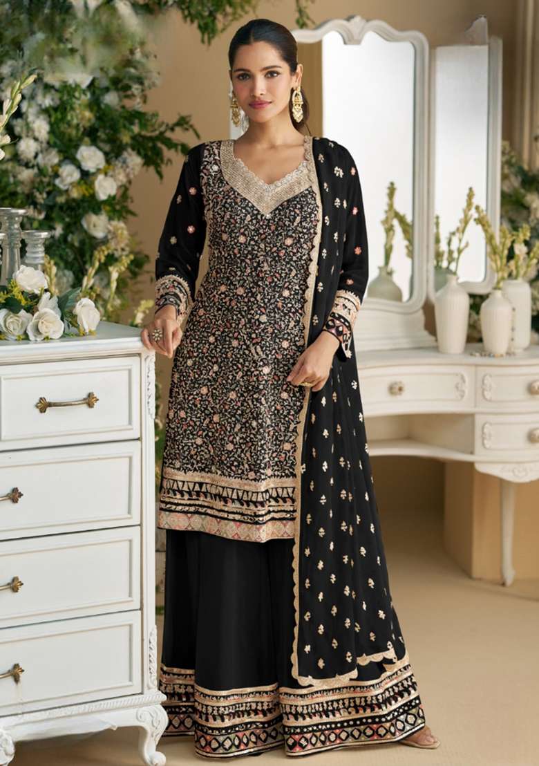 Black Embroidered Georgette Dress Material - Indya
