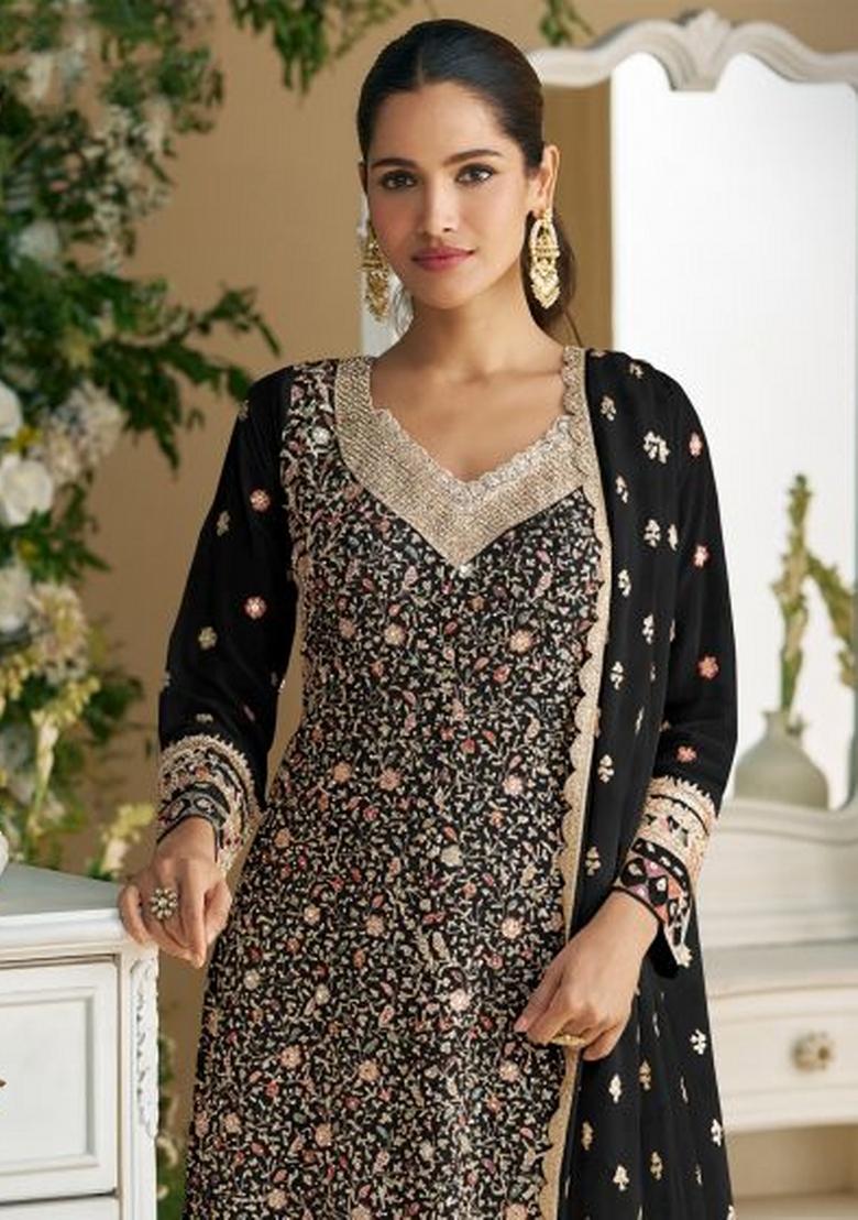 Black Embroidered Georgette Dress Material
