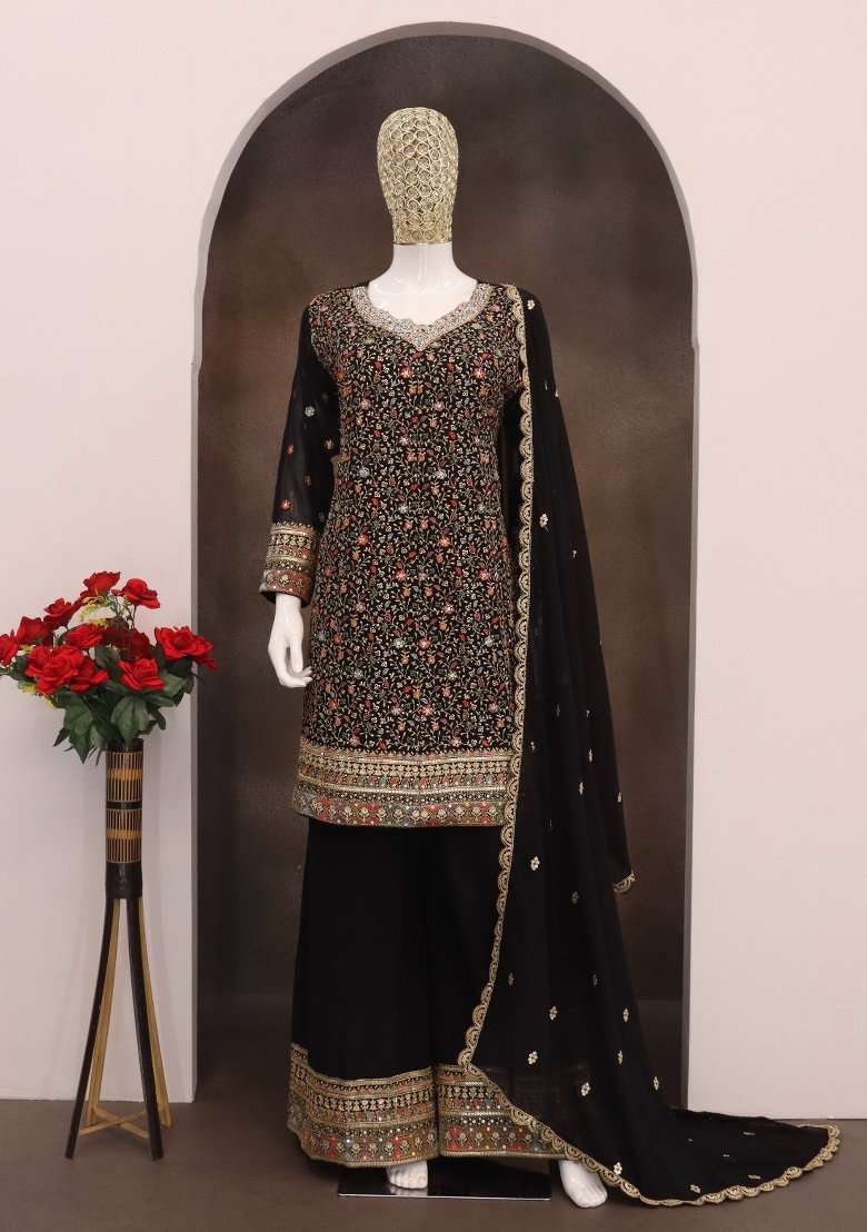 Black Embroidered Georgette Dress Material - Indya