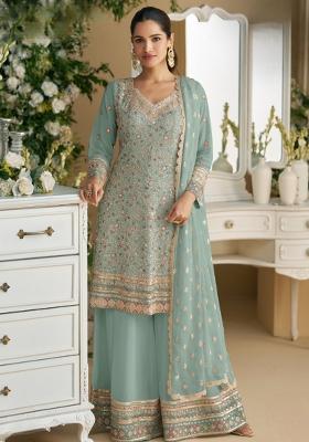 Seagreen Embroidered Georgette Dress Material