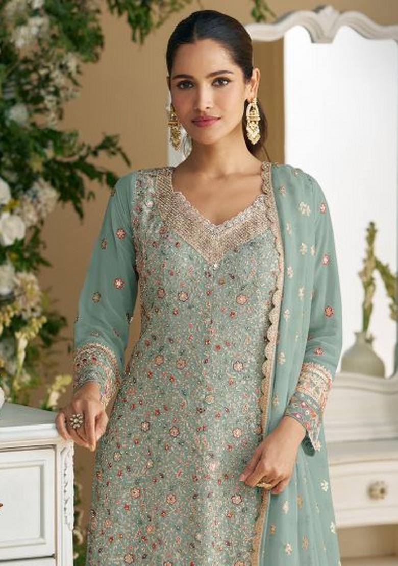Seagreen Embroidered Georgette Dress Material