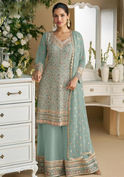 Seagreen Embroidered Georgette Dress Material