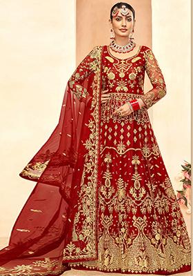 Dark Red Embroidered Net Anarkali Set With Dupatta