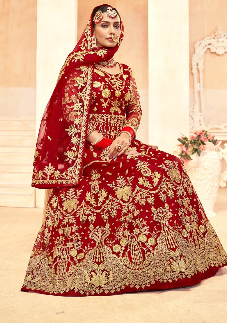 Dark Red Embroidered Net Anarkali Set With Dupatta