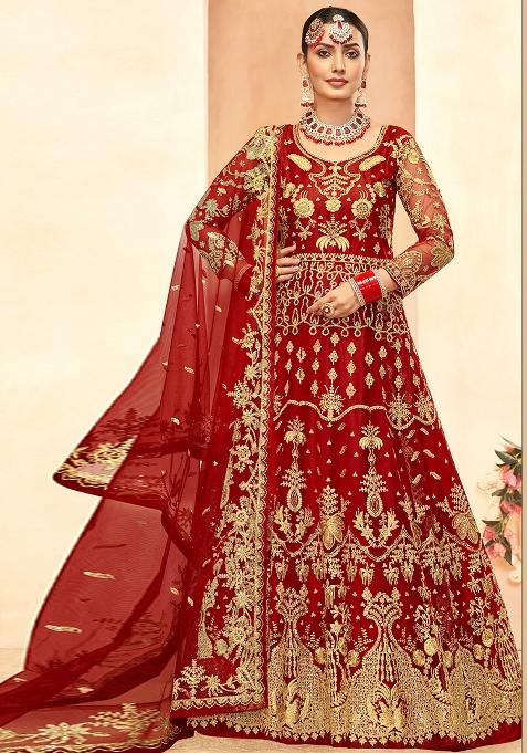 Dark Red Embroidered Net Anarkali Set With Dupatta