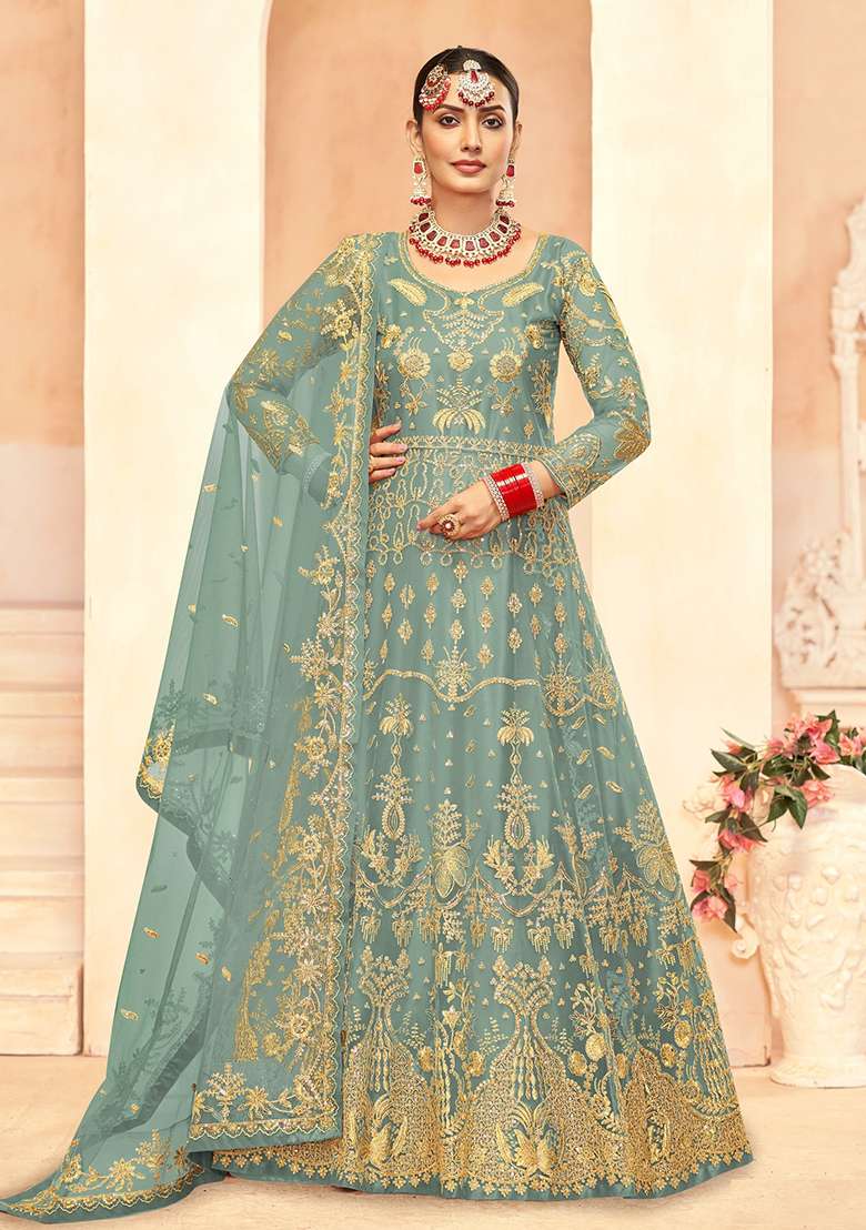 Sky Blue Embroidered Net Anarkali With Dupatta - Indya