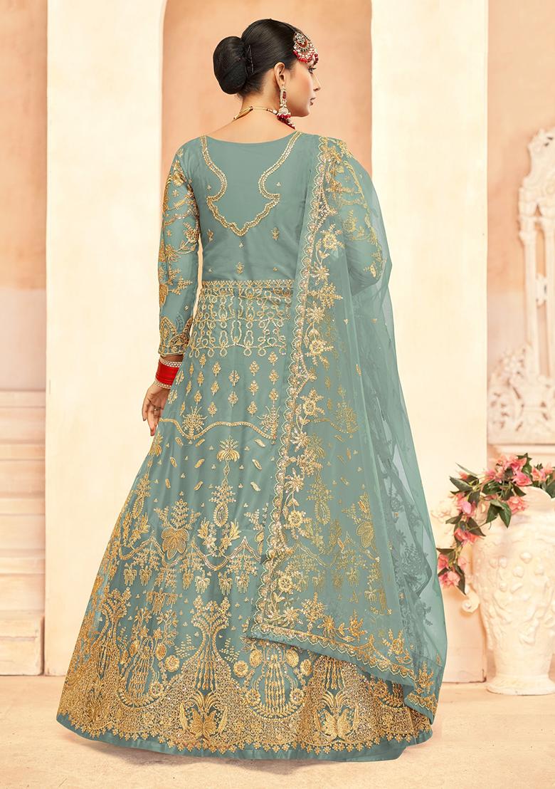 Sky Blue Embroidered Net Anarkali Set With Dupatta