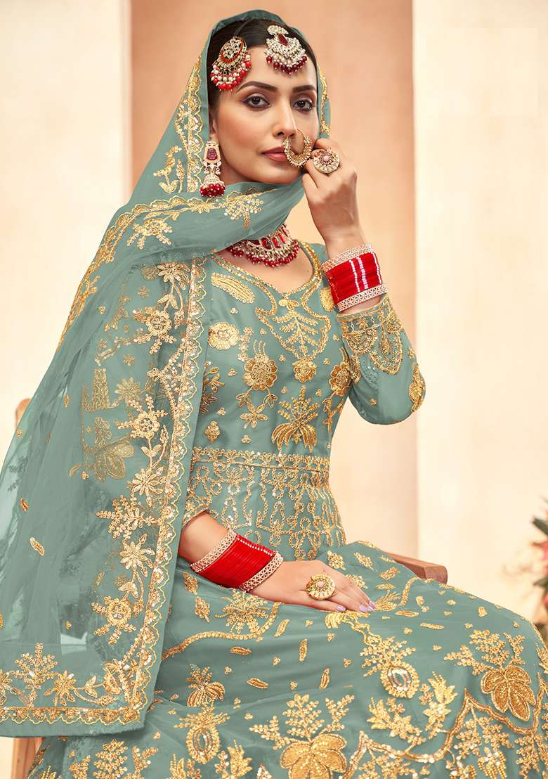 Sky Blue Embroidered Net Anarkali With Dupatta - Indya