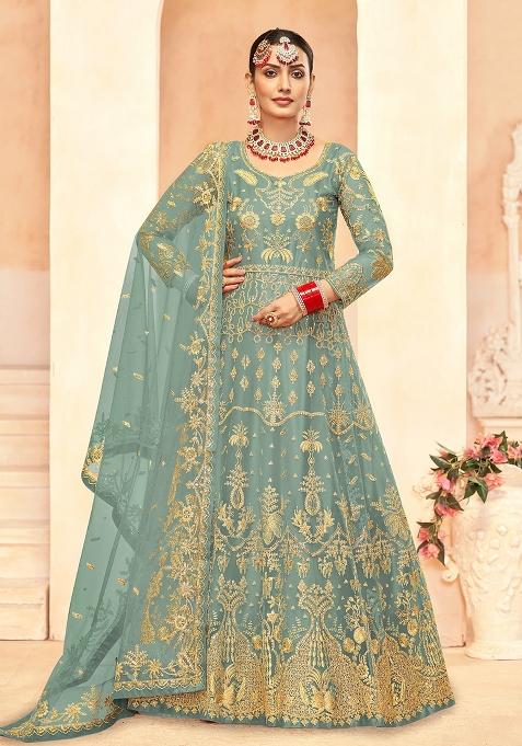 Sky Blue Embroidered Net Anarkali Set With Dupatta