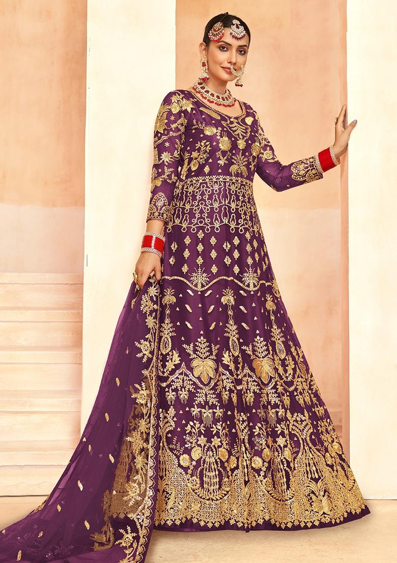 Wine Embroidered Net Anarkali Set With Dupatta