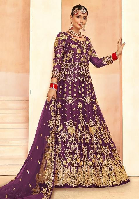 Wine Embroidered Net Anarkali Set With Dupatta