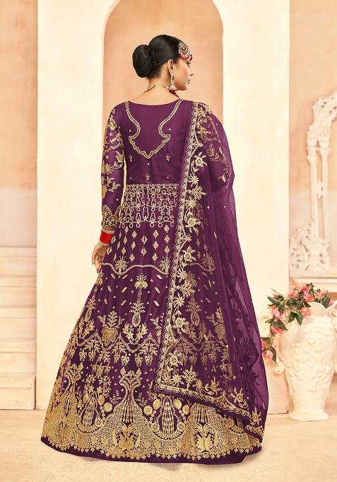 Wine Embroidered Net Anarkali Set With Dupatta
