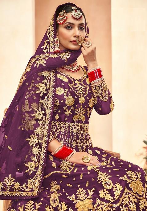 Wine Embroidered Net Anarkali Set With Dupatta