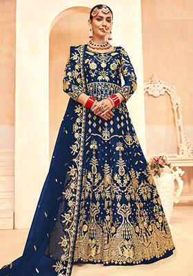 Blue Embroidered Net Anarkali Set With Dupatta