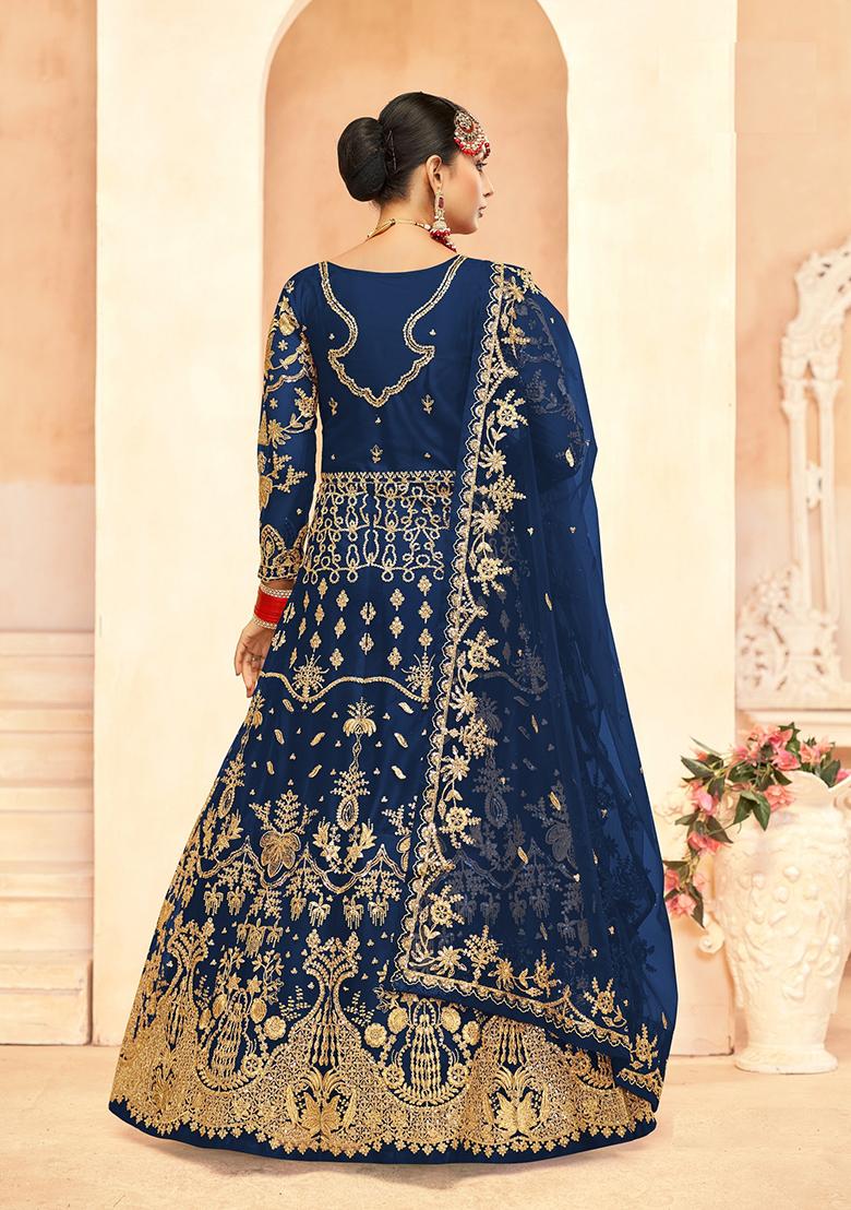 Blue Embroidered Net Anarkali Set With Dupatta