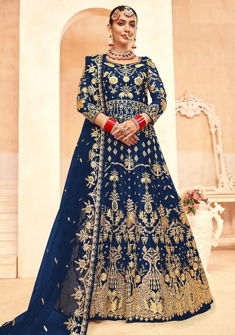 Blue Embroidered Net Anarkali Set With Dupatta