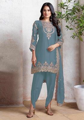 Turquoise Blue Embroidered Faux Georgette Salwar Kameez With Dupatta