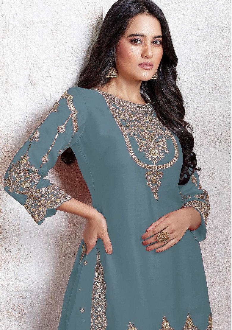 Turquoise Blue Embroidered Faux Georgette Salwar Kameez With Dupatta