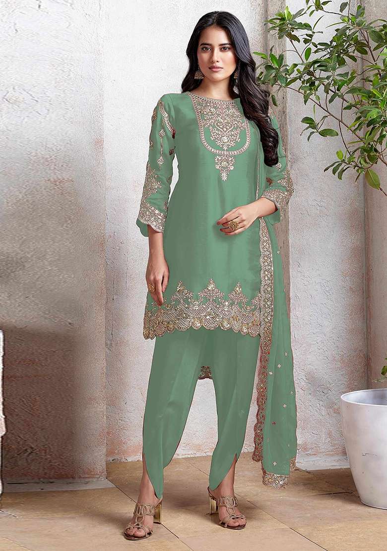 Sea Green Embroidered Faux Georgette Salwar Kameez With Dupatta - Indya