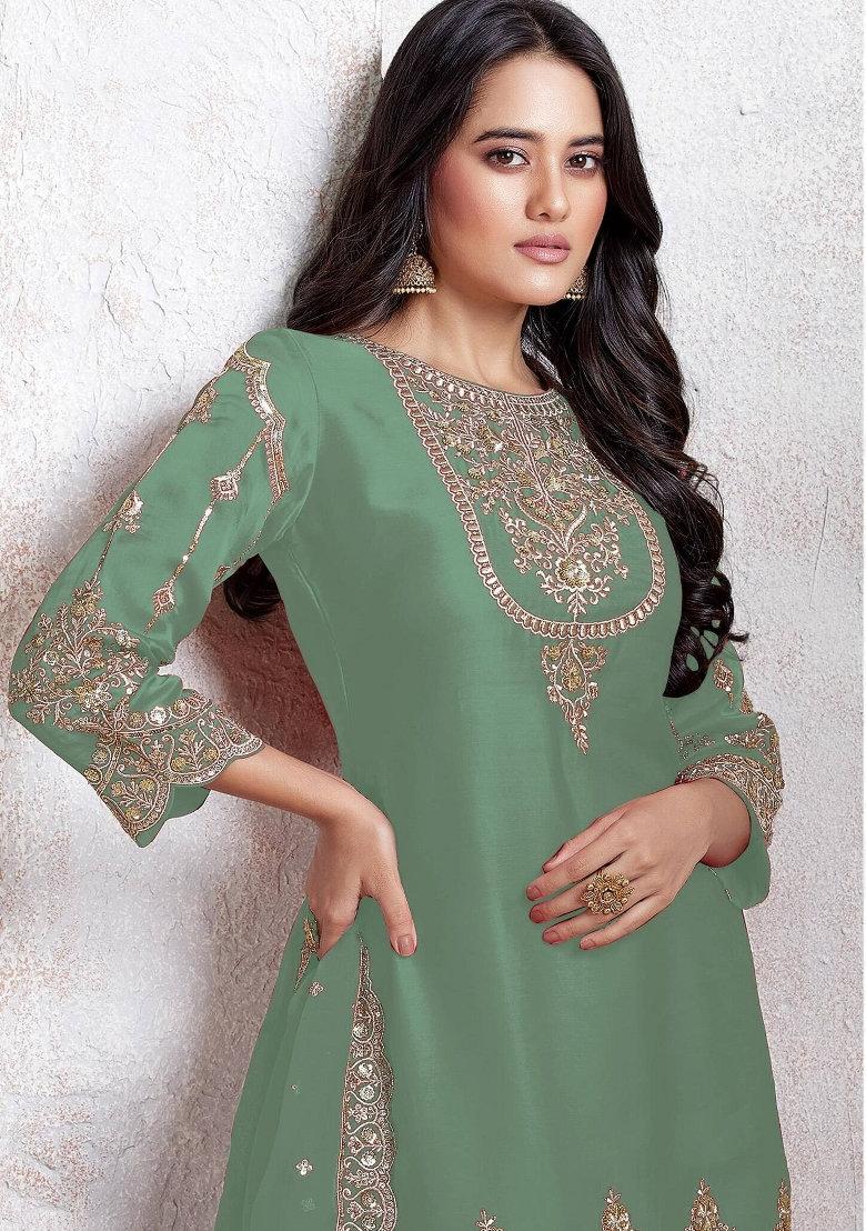 Sea Green Embroidered Faux Georgette Salwar Kameez With Dupatta
