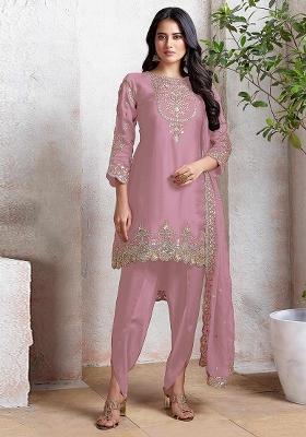 Pink Embroidered Faux Georgette Salwar Kameez With Dupatta