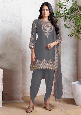 Grey Embroidered Faux Georgette Salwar Kameez With Dupatta