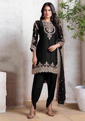 Black Embroidered Faux Georgette Salwar Kameez With Dupatta