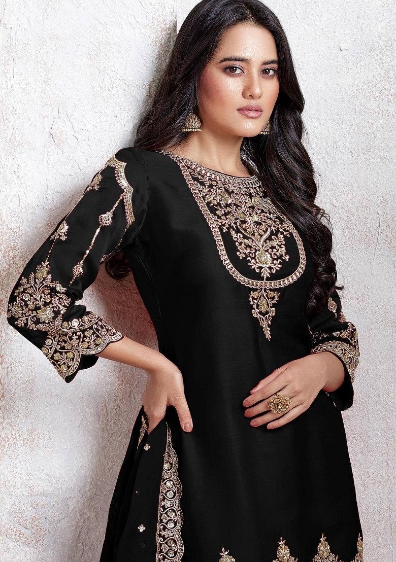 Black Embroidered Faux Georgette Salwar Kameez With Dupatta