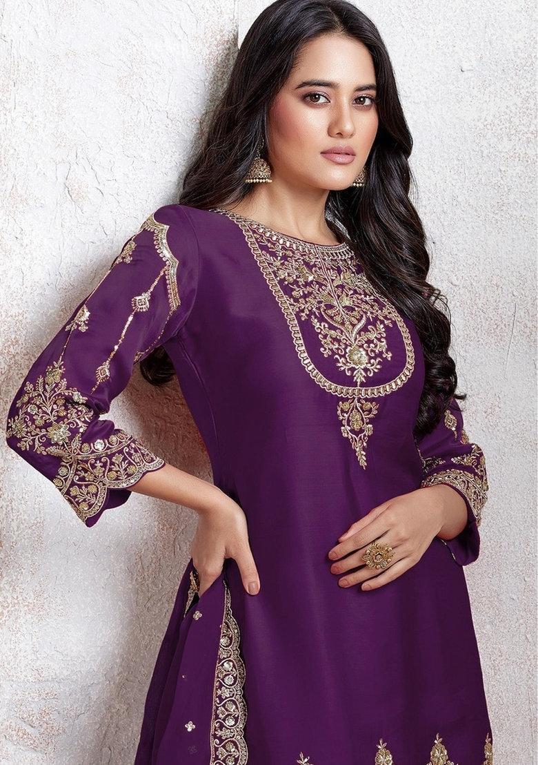Purple Embroidered Faux Georgette Salwar Kameez With Dupatta