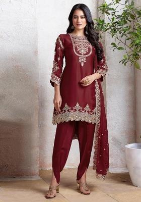 Maroon Embroidered Faux Georgette Salwar Kameez With Dupatta