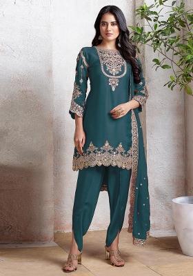 Teal Blue Embroidered Faux Georgette Salwar Kameez With Dupatta